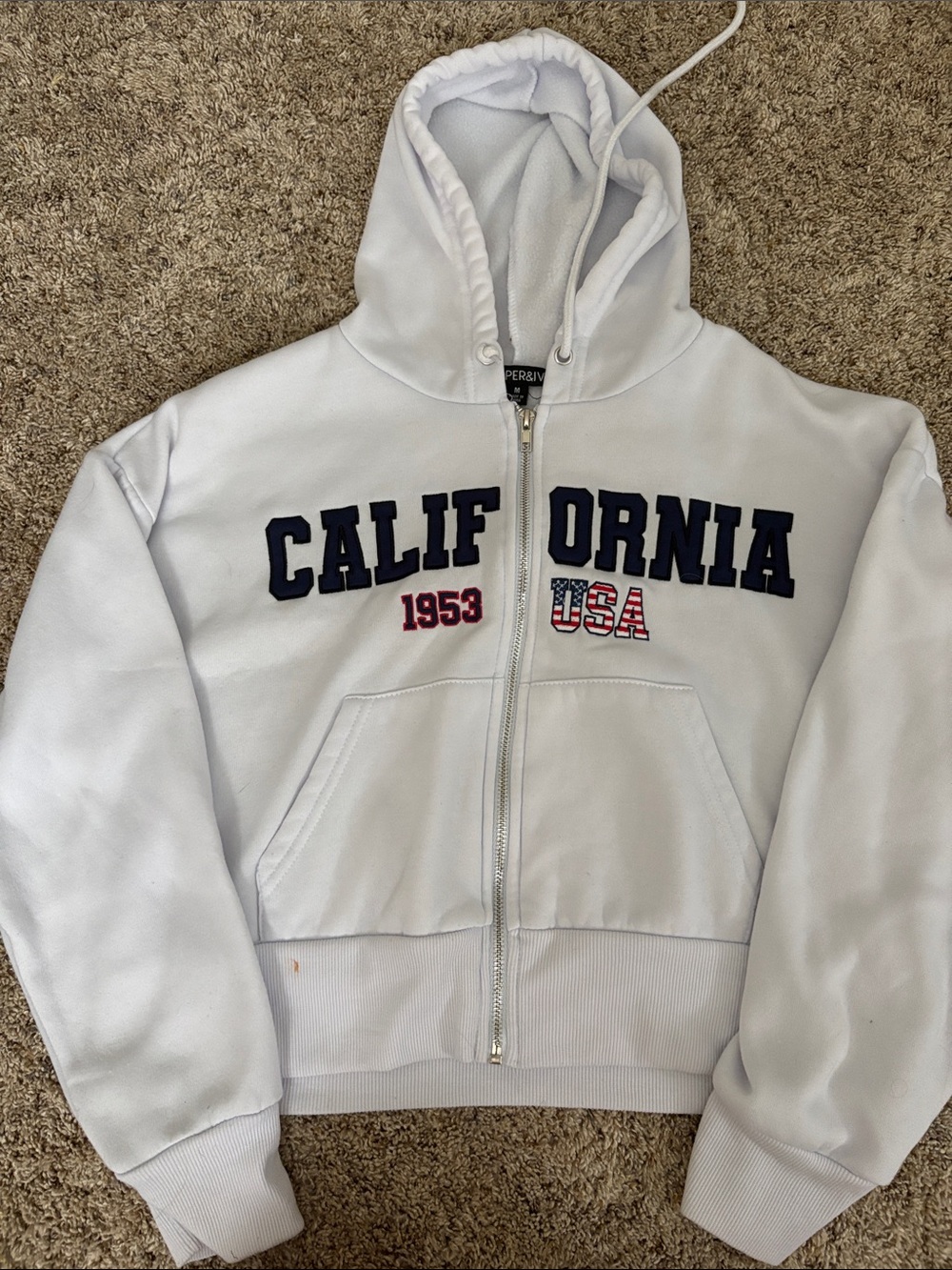 Harper White Zip-Up Hoodie with Navy California & Red USA Accents